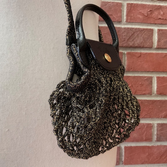 Longchamp Le Pliage Filet XS Stretch Mesh Crossbody Black Gold Bag NWT - Picture 10 of 14
